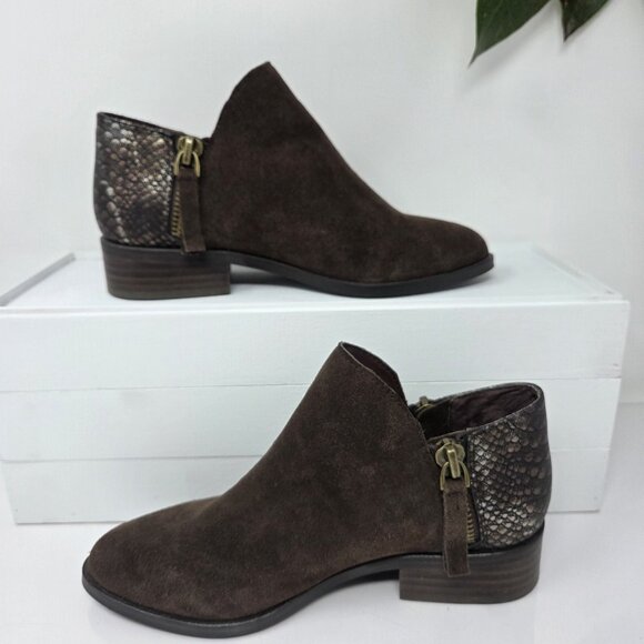 Very Volatile Greyson Brown Suede Ankle Booties Faux Snakeskin Heel Women’s 7 - Picture 2 of 9
